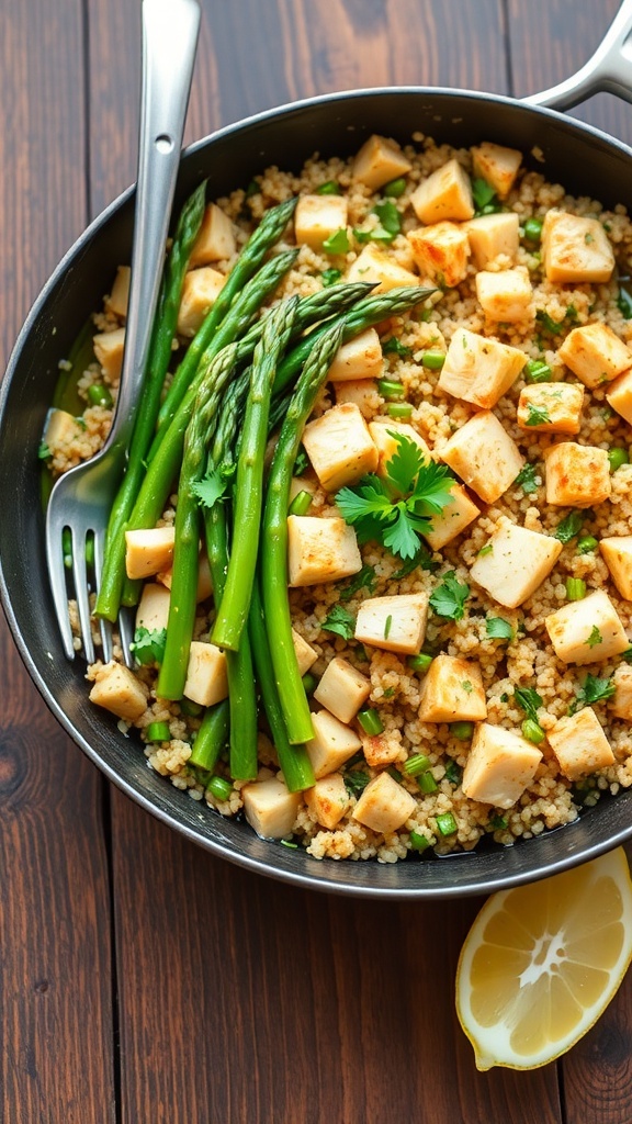 A colorful quinoa chicken and asparagus skillet, garnished with parsley, on a wooden table with a lemon wedge.